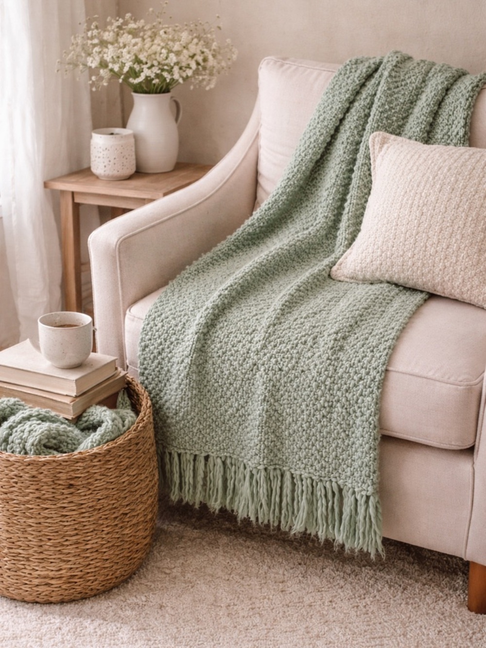 Sage Green Knit Throw Scarf Decorative Bed Runner Fringe